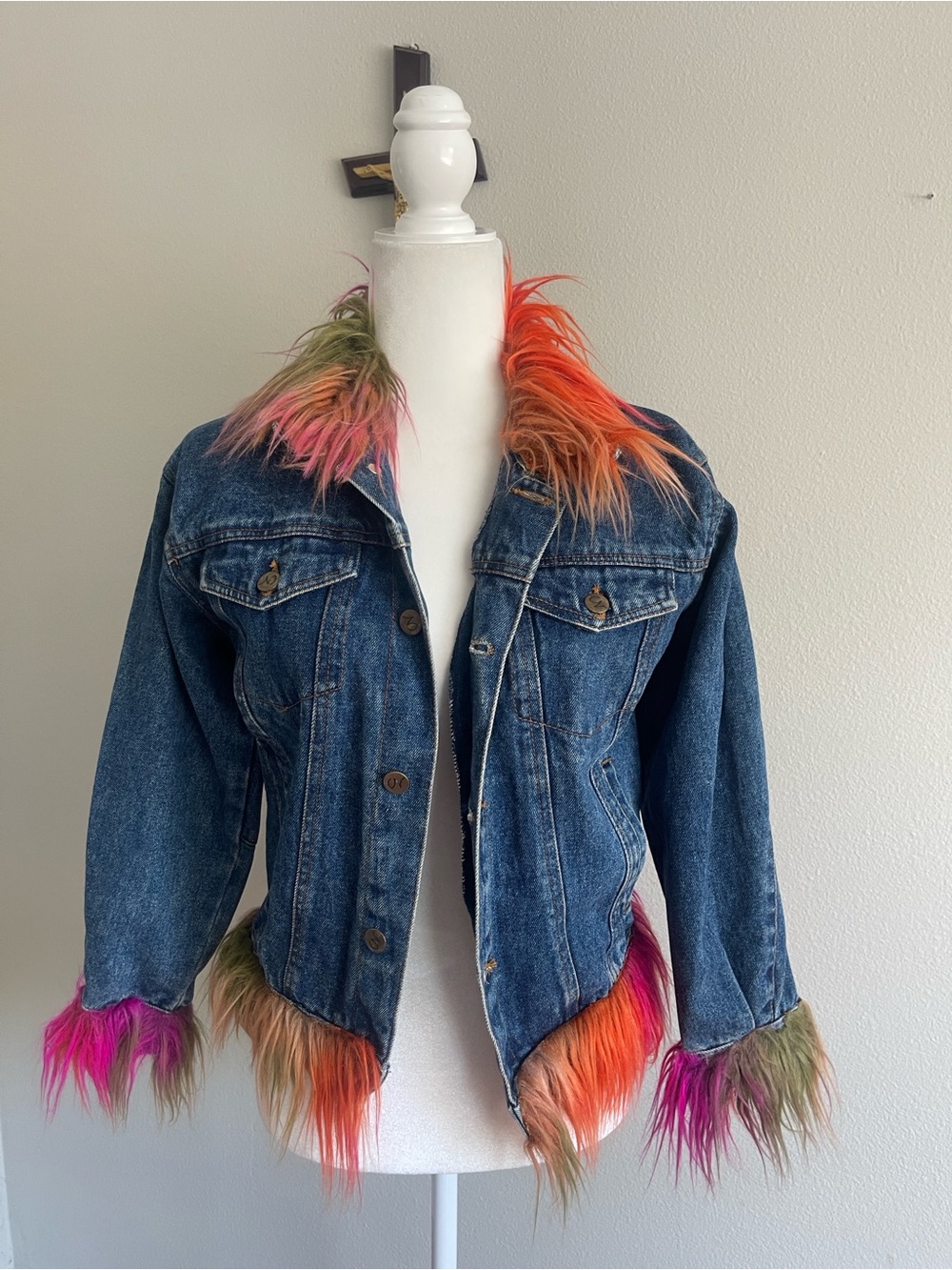 Denim Jacket with Multicolor Faux Fur Trim